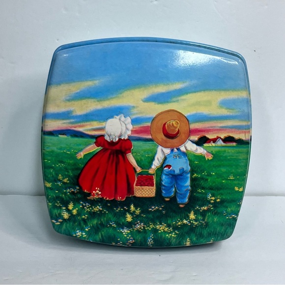 no brand Other - vintage mid west boy and girl farm sunset scene fruit picking plastic tin box